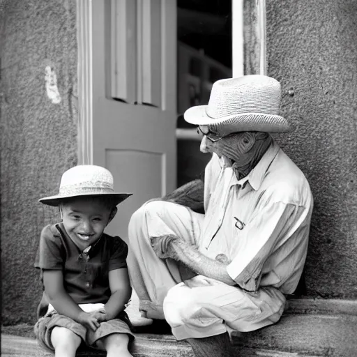 Image similar to An old man wearing a straw hat sitting on the stoop smiling at a happy four year old boy who sits next to him. 1950s, Americana, vintage, black and white, Ian Berry.