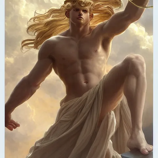 Image similar to Apollo the pale blond Greek God league of legends on his day off, long fluffy curly blond hair with Center parted curtain bangs, highly detailed, digital painting, artstation, concept art, golden ratio composition, smooth, sharp focus, illustration, ArtStation, art by artgerm and greg rutkowski and alphonse mucha and Edmund Blair Leighton and Charlie Bowater