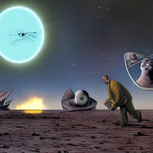 Image similar to hyperrealistic dslr film still of scene from farside comics of interstellar, inspired by gary larson, stunning 8 k octane comprehensive 2 d render, perfect symmetry, dim volumetric cinematic lighting, extremely hyper - detailed, extremely lifelike attributes & lifelike texture, intricate, masterpiece, artstation, stunning