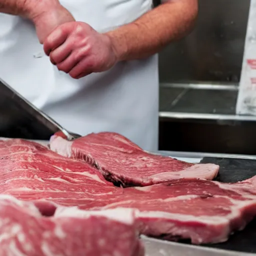 Prompt: low angle view closeup of a butcher preparing meats, you can see the butcher's face