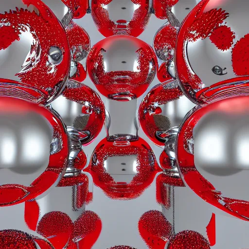 Prompt: chrome spheres on a red cube, depth of field