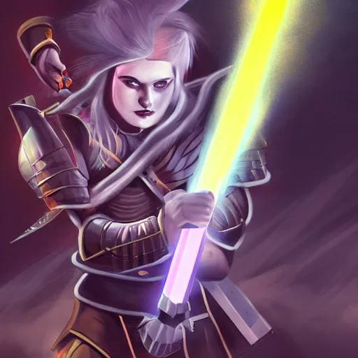 Prompt: female knight with an electric longsword rallies a band of troops, dramatic, fantasy character portrait, dynamic lighting, illustration, digital art, colorful
