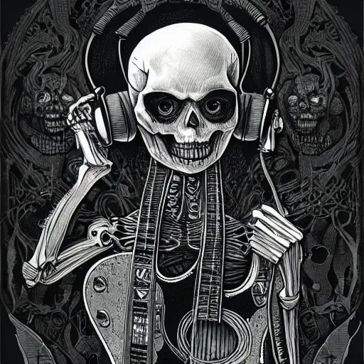 Image similar to skeleton wearing headphones, watching girl playing guitar while her black cat standing next to her, detailed intricate ink illustration, dark atmosphere, detailed illustration, hd, 4k, digital art, overdetailed art, by greg rutkowski, by loish, complementing colors, Trending on artstation