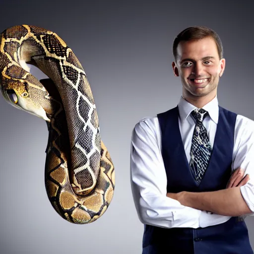 Prompt: A man with the head of a python in a business suit