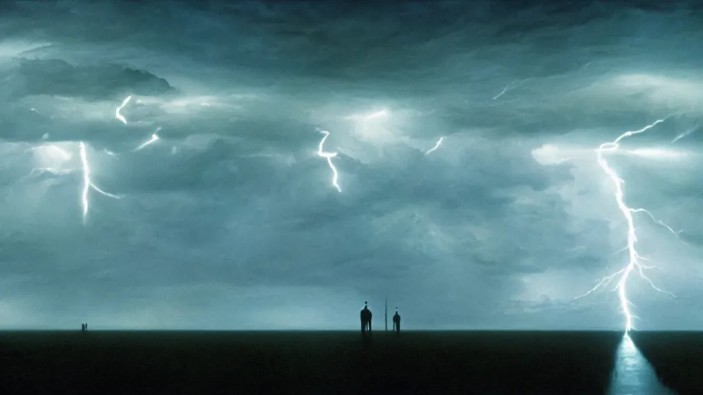 Image similar to lightning lighting things, film still from the movie directed by denis villeneuve and david cronenberg with art direction by salvador dali and zdzisław beksinski, wide lens