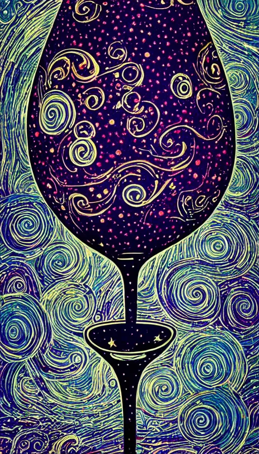 Prompt: the stars whirl within the wine glass, by artist, james r. eads