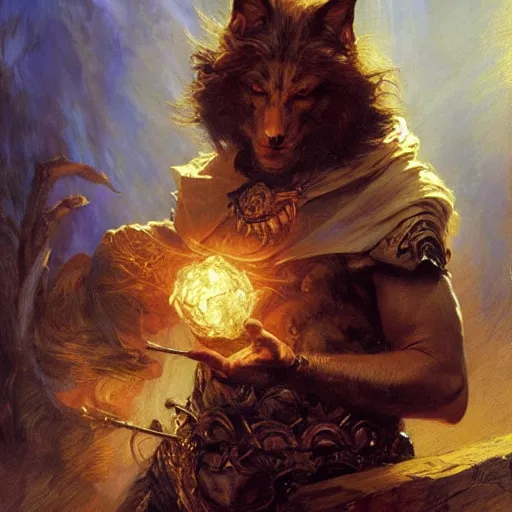 Prompt: stunning male wizard wolf casting his dark spell, highly detailed painting by gaston bussiere, craig mullins, j. c. leyendecker, 8 k