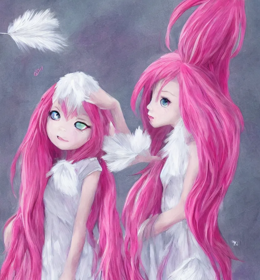 Image similar to little girl with eccentric pink hair wearing a dress made of white feather, art by dcwj