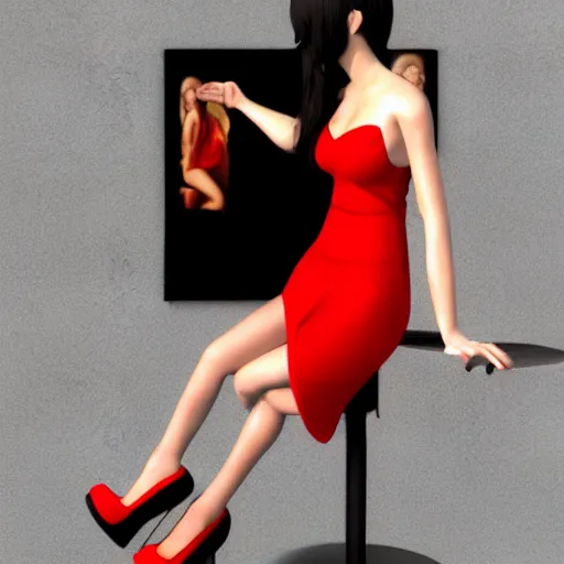 Image similar to woman, red short dress, black hair, realistic render, by milo manara, 3 d render, red high heels, face