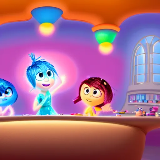 Image similar to A scene from Inside Out where Joy and Sadness are falling through the memory dump, colorful, dynamic, Pixar, illustrative, details, sharp focus, by Del Alberte and Mark Walsh