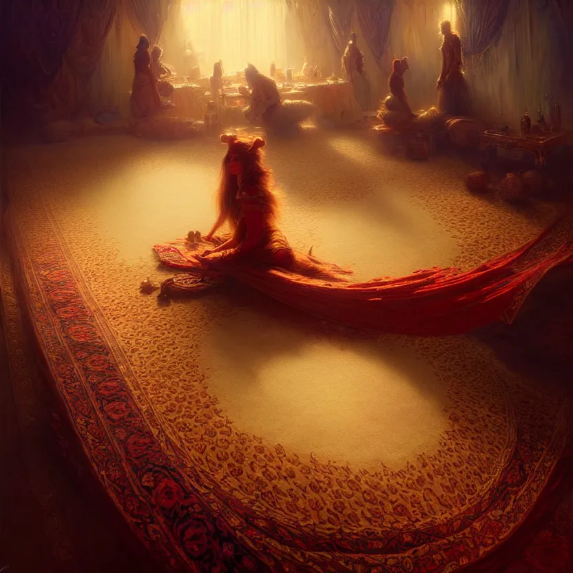 Image similar to magic fluffy Persian carpet dimension, by Greg Rutkowski and Gaston Bussiere, dim lighting, beautiful volumetric-lighting-style atmosphere, surreal atmosphere, intricate, detailed, photorealistic imagery, artstation