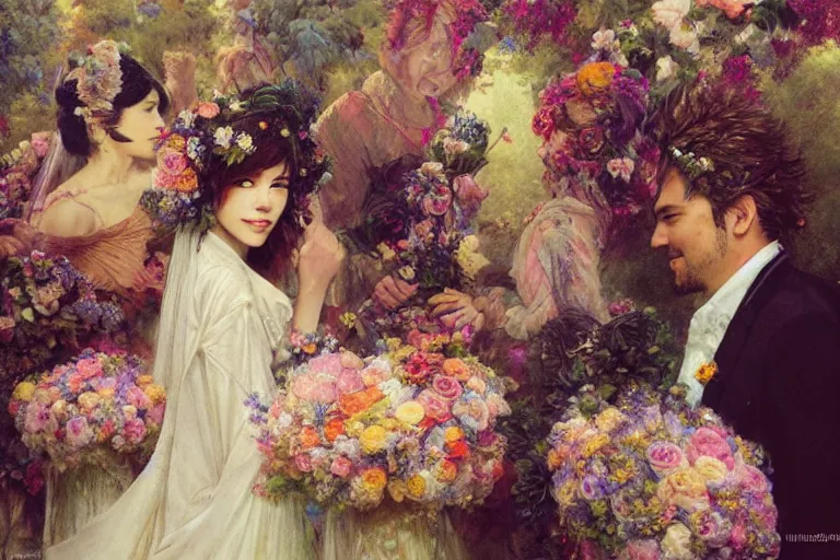 Image similar to the groom look at the bride at a wedding full of flowers, bright and happy, dreamlike art, highly detail, 4 k realistic, wedding photoy krenz cushart, artem demura, yoji shinkawa artgerm, jon lothian, danilo torres. adi meyers. thomas reimann. gaston bussiere.