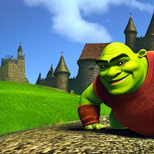 Image similar to shrek rolling down a hill towards a castle with explosives strapped to his chest