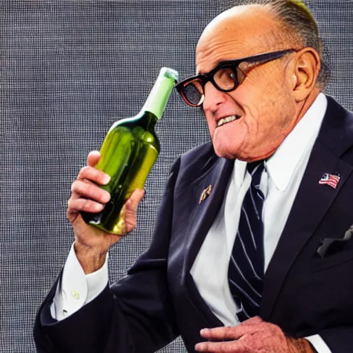 Prompt: news still of a drunk rudy giuliani holding a bottle, 4 k, professional