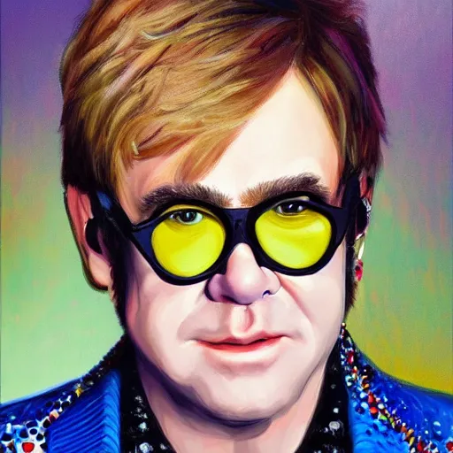 Image similar to Elton John 1970 fashion, gucci catwalk, oil painting, digital art, ultradetailed, artstation