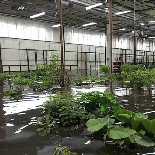 Prompt: The gardening center section of a Lowe's Warehouse, completely flooded