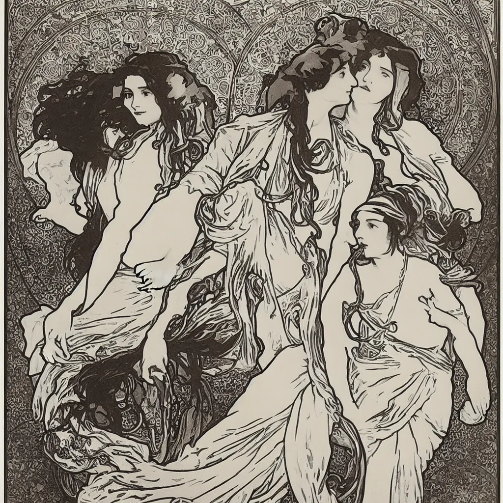 Image similar to monochromatic engraving by alphonse mucha and gustave klint