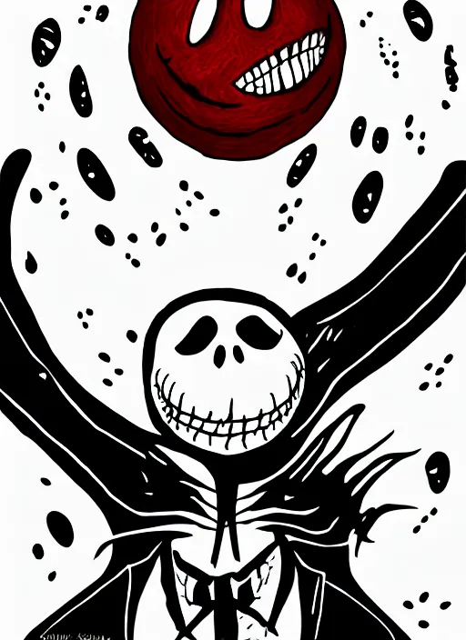 Image similar to jack skellington as a cosmic horror garfield with razor sharp teeth, red eyes, red teeth, digital art, lineart