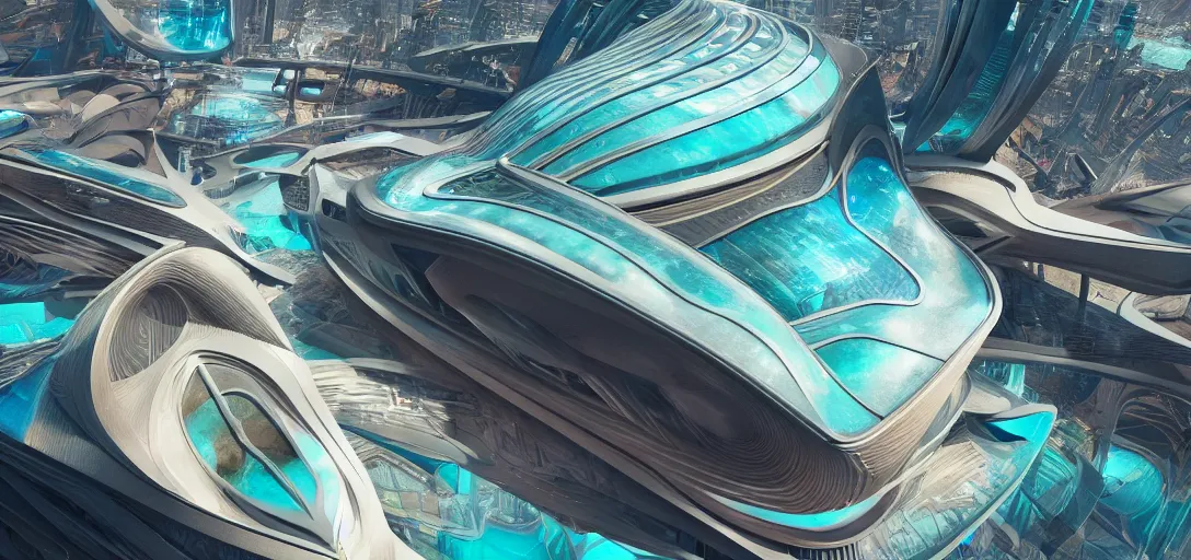 Prompt: highly detailed futuristic architecture by Frank Lloyd Wright and Zaha Hadid, reflective lighting, huge holographic logo, ground-level view, puddles of turquoise water, stunning sunny lighting, sunrise, vivid colors, in the style of pixar animation, trending on Artstation, 8k, matte painting, ray tracing, hyper detailed, unreal engine 5, cinematic, epic lighting, cryengine, octane render, cyberpunk, red and orange glow, vibrant