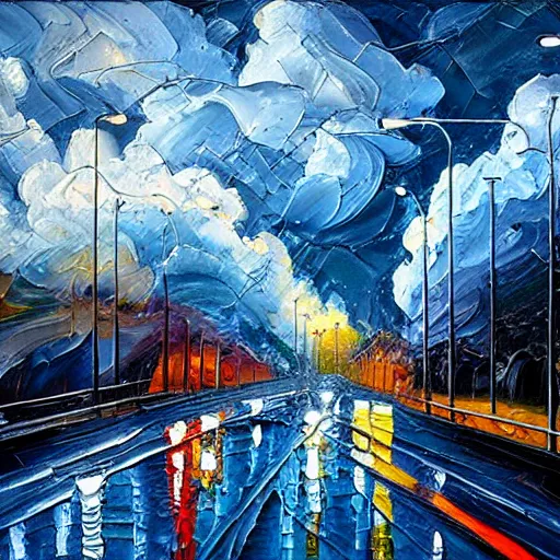 Prompt: oil paint impasto reliefs, rainy city night scene, super realistic, influenced by constables cloud studies, painted with expressive paint and cumulus clouds,