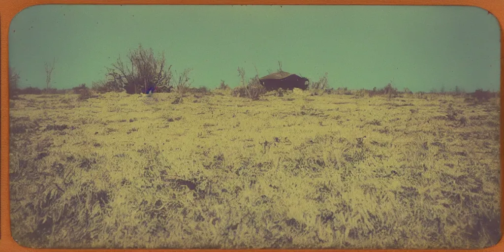 Image similar to polaroid photo of abandoned landscape, vintage colors, slight color bleed