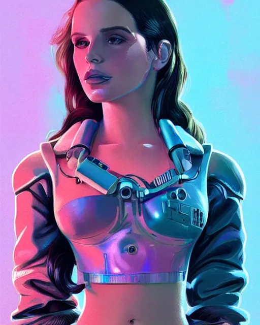 Image similar to portrait of lana del rey as a cyborg. realist abstract. key art. cyberpunk, blue and pink, intricate artwork. cyberpunk augmentations art by tooth wu, wlop, beeple, dan mumford. 8 k octane render, trending on artstation, greg rutkowski very coherent symmetrical artwork. cinematic, hyperrealism, very detailed, iridescent accents