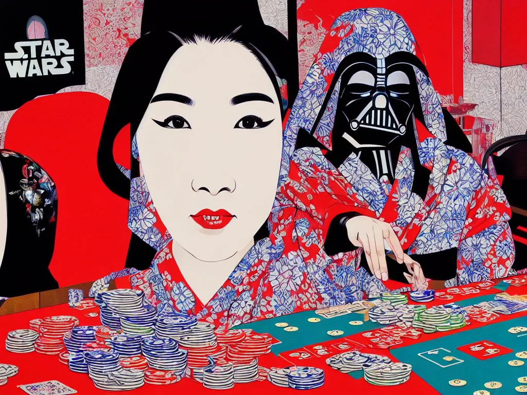 Image similar to hyperrealism composition of the detailed woman in a japanese kimono sitting at an extremely detailed poker table with darth vader, fireworks and folding screen on the background, pop - art style, jacky tsai style, andy warhol style, acrylic on canvas