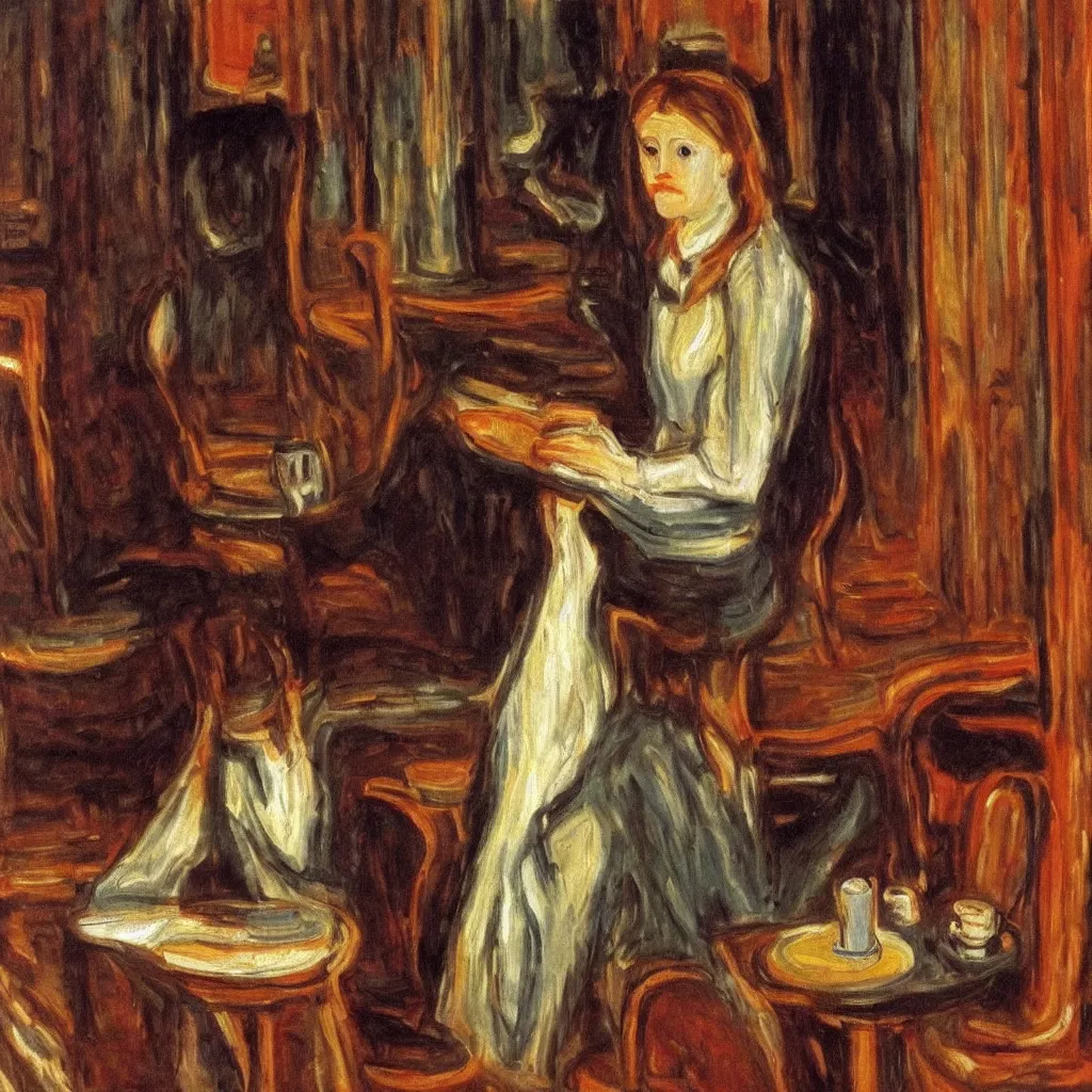 Prompt: a reading girl in coffee shop, canvas, oil paint, cinematic, detailed, artwork by edvard munch