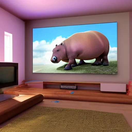 Prompt: a baby hippo pony live in a cozy house and watch tv in the family room. 3 d render.