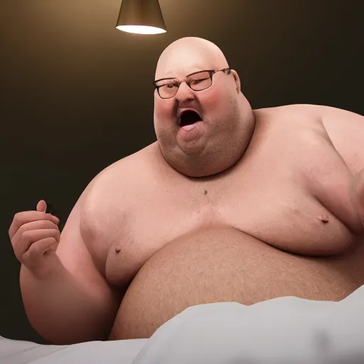 Prompt: Shirtless bald fat man on bed with Burger King Onion rings everywhere, realistic artstyle, wide shot, dramatic lighting, octane render, hyperrealistic, high quality, highly detailed, HD, beautiful, cinematic, 8k, unreal engine, facial accuracy, symmetrical