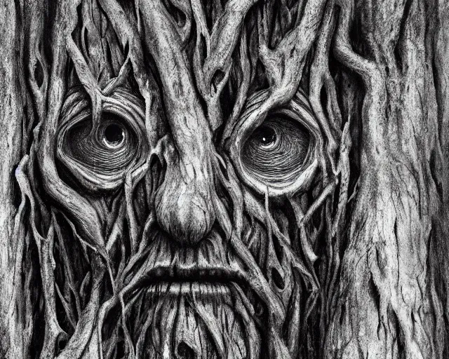 Prompt: a talking oak tree, a face in the bark, nose made of wood, eyes in the bark, mouth in the bark, fantasy horror concept art, scary, digital painting, oil painting, hyperrealistic, treebeard, ent, highly detailed, dark and gloomy, very detailed eyes, artstation, cgsociety, in the forest, by alan lee, by artgerm