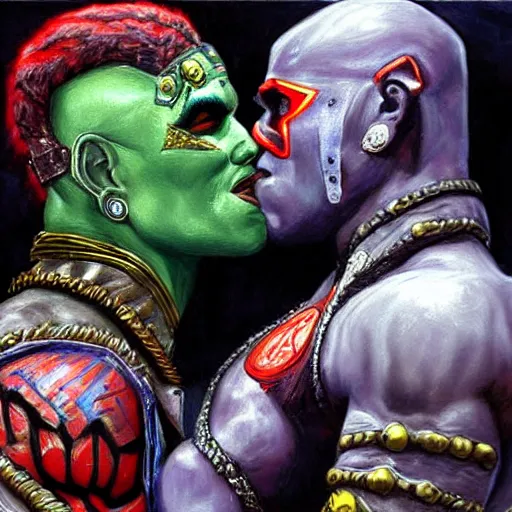 Image similar to kotal khan and quan chi from mortal kombat kissing, love wins, beautiful oil painting