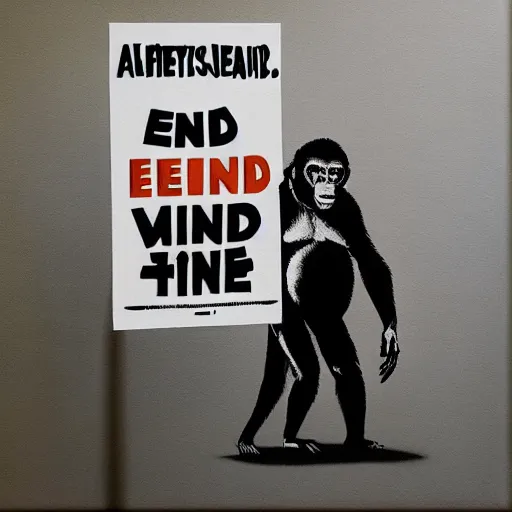 Image similar to an ape holding a sign that says the end is near in the style of banksy, an ultrafine detailed painting by james jean, behance contest winner