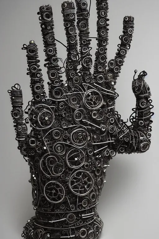 Image similar to cybernetic robotic hand made of intricate gears, wires and ceramics, engraved with sanskrit writing