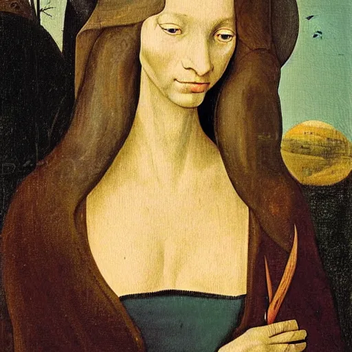 Image similar to a painting of a beautiful woman with long hair and jackal ears in the style of hieronymus bosch