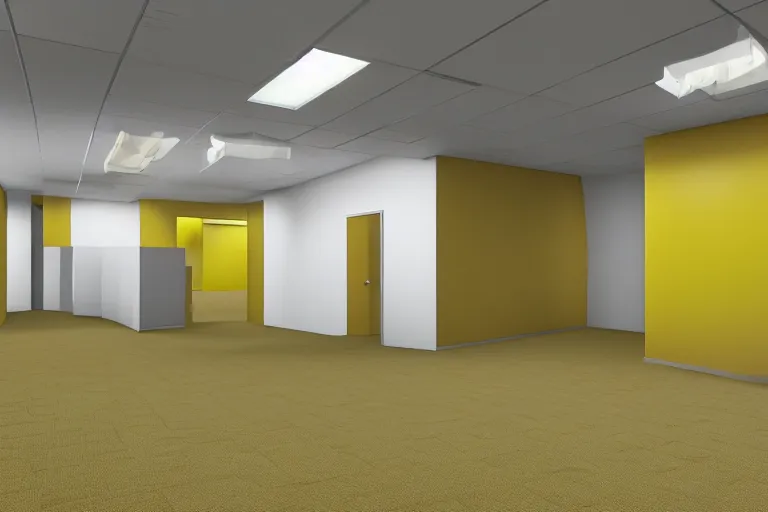 Image similar to 3 d render of jerma 9 8 5, jerma in the backrooms, jerma in endless halls of completely empty office space with worn light mono - yellow 7 0 s wallpaper, old moist carpet, and inconsistently - placed fluorescent lighting | liminal space | non - euclidean space | high octane | blender | 3 d render