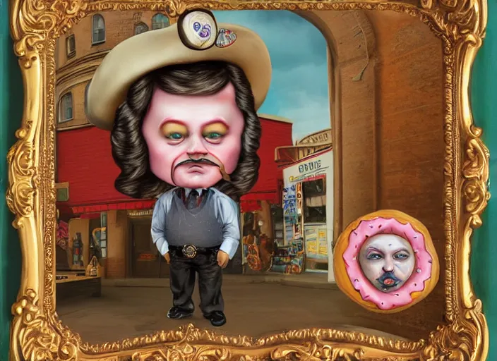 Image similar to the sheriff in the shape of a donut, lowbrow, matte painting, 3 - d highly detailed, in the style of mark ryden,