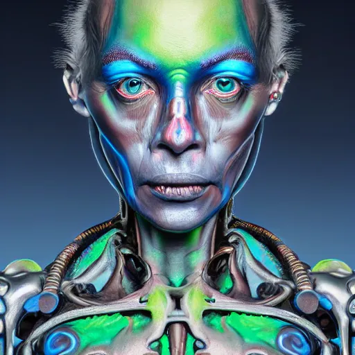 Image similar to hyperrealistic ultra detailed rococo cyborg woman with pearlescent blue skin wayne barlowe very dramatic green neon lighting on one side wide angle 35mm shallow depth of field 8k