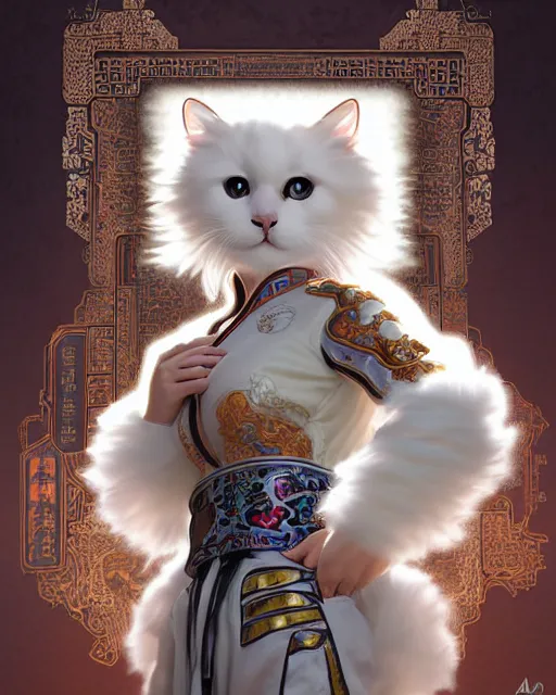 Prompt: portrait of a fluffy white cat cyberpunk machine, machine face, robed, upper half portrait, decorated with chinese opera motifs regal asian machine robot cyberpunk fine china, wuxia, traditional chinese art intricate intense elegant highly detailed digital painting artstation concept art smooth sharp focus illustration, art by artgerm and greg rutkowski alphonse mucha 8 k