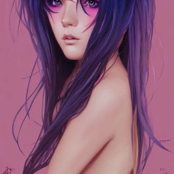 Image similar to portrait of beautiful symmetrical anime girl, rainbow hair, attractive, casual, modern, victoria's secret, highly detailed, digital painting, artstation, concept art, smooth, sharp focus, illustration, art by moebius artgerm, greg rutkowski and alphonse mucha, 8 k,