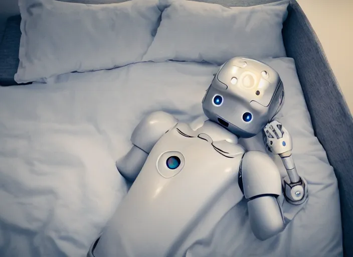 Image similar to a cute robot tucked into bed