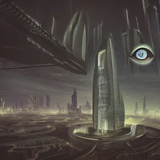 Image similar to a futuristic cityscape, giant eye looking over it, horror, dark light, 8 k, detailed, hyperrealistic