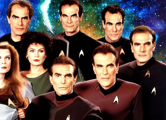 Image similar to a promo photo from a 1 9 9 0 s sci - fi tv programme, star trek tng, deep space 9, babylon 5, quantum leap, vhs distortion