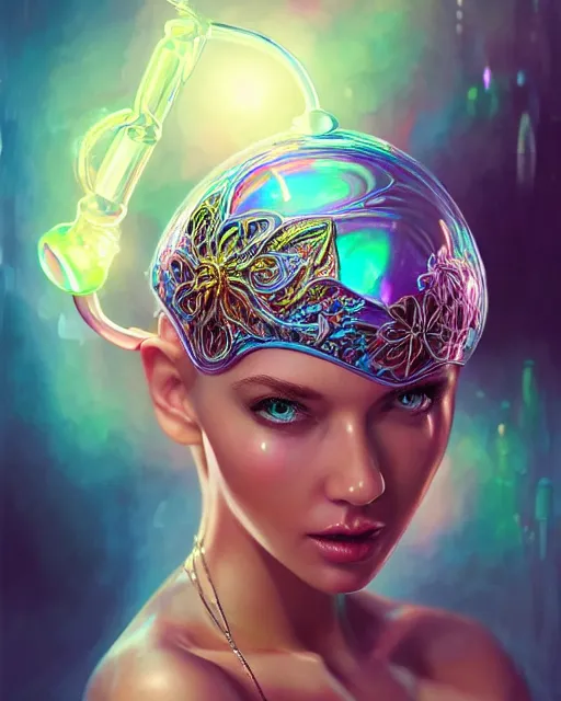 Image similar to cute woman wearing shiny plastic bikini inside an ornate bottle of iridescent liquid, alchemy, intricate, bloom, detailed, volumetric lighting, sharp focus, photorealism, digital painting, highly detailed, concept art, by by artgerm and wlop
