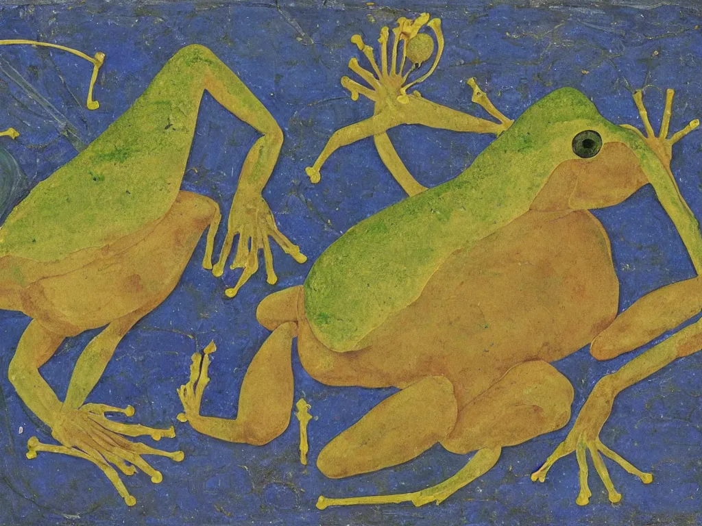 Image similar to portrait of a muscular frog. lapis lazuli, malachite, turqouise, gold. painting by piero della francesca, balthus, agnes pelton