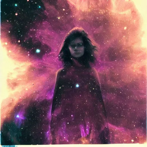 Image similar to a lost female angel glaring into your eyes, deep cosmic eyes, wide long wings made from dark cosmic nebulas, realistic photograph, polaroid pic by horror