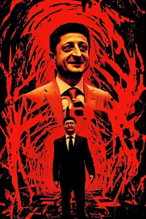 Image similar to president zelensky is in hell, art in the style of a poster for horror films in a cinema, detailed art in color