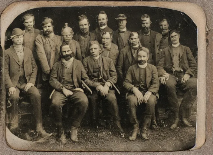 Prompt: tintype photo of a woolly mammoth and a group of men posing with it