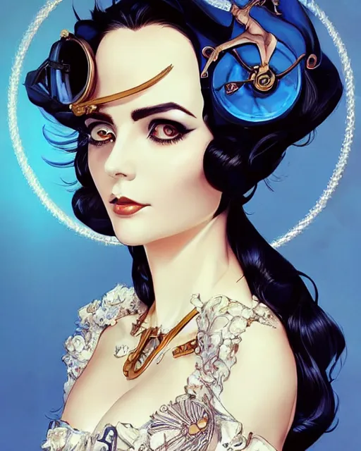 Image similar to in the style of joshua middleton, artgerm, beautiful elizabeth taylor, steampunk, full body, blue dress, elegant pose, middle shot, spooky, symmetrical face, symmetrical eyes, detailed realisitc eyes, detailed realistic eyes, detailed and intricate