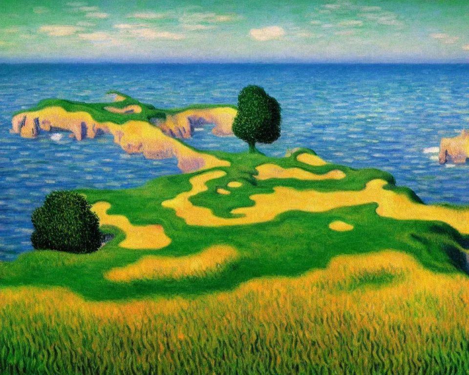 Image similar to achingly beautiful painting of bandon dunes par 3 by rene magritte, monet, and turner.